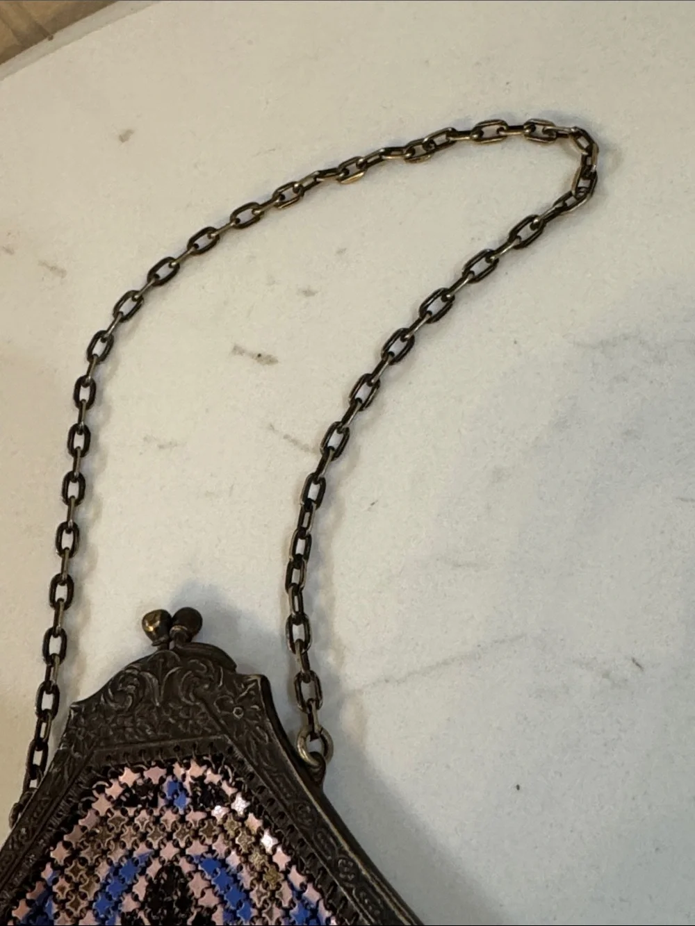Antique Mandalian Mesh Enamel Flapper Purse Birds w/ Fringe